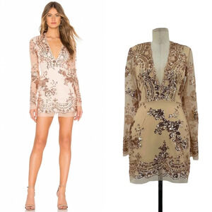 Superdown Jessa Deep V Mini Dress in Rose‎ Gold / Beige Size Small